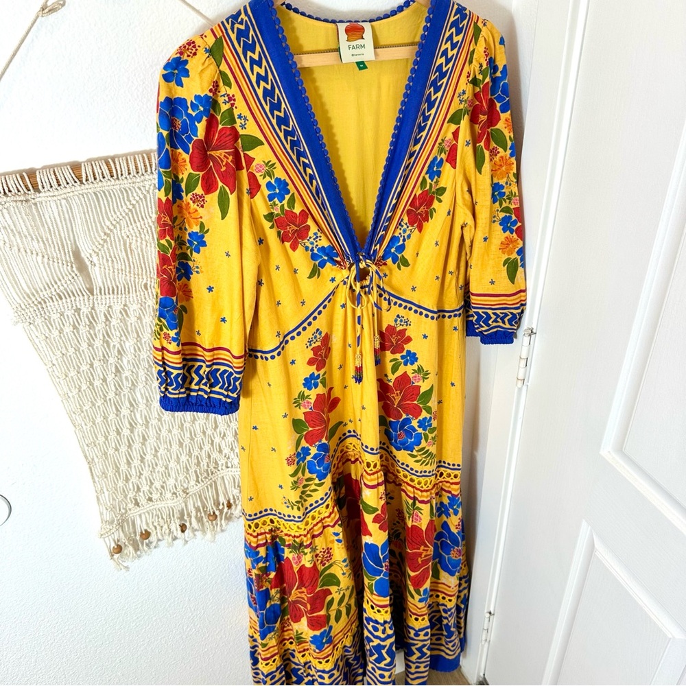 🌼 Farm Rio Yellow Floral Yard Maxi Bohemian Blue 70s Groovy Dress Medium 🌼